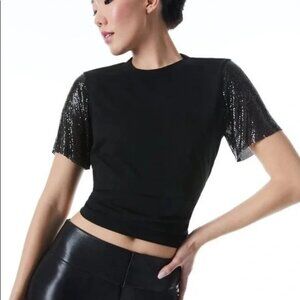 New Alice + Olivia Tari Chainmail Sleeve Tee, Black, Size XS/SMALL